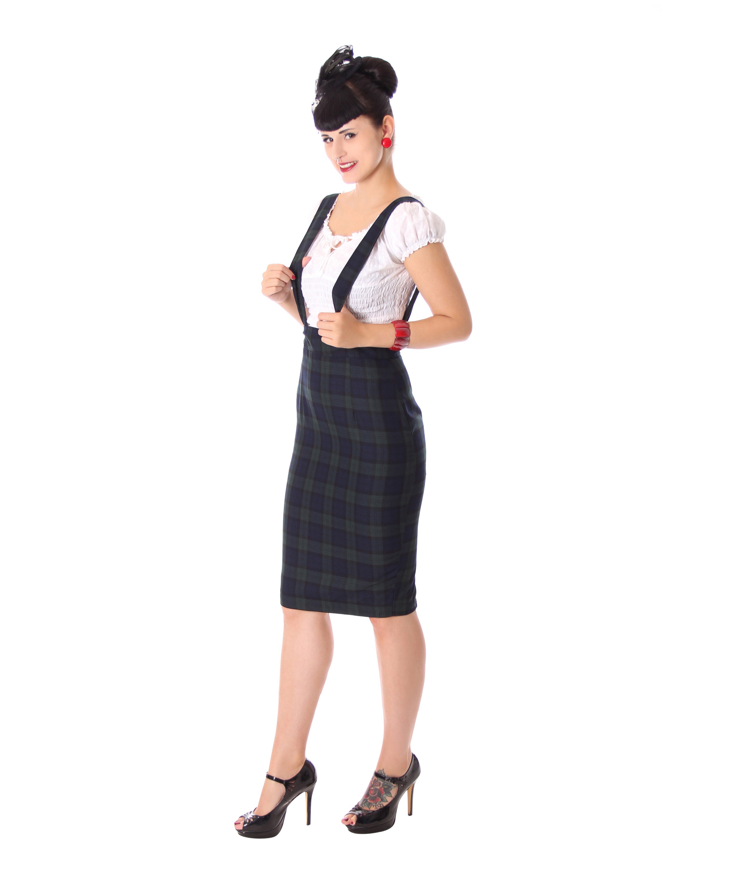 Hiroshi 50s retro Suspender Karo Tartan suspenders Pencil Skirt